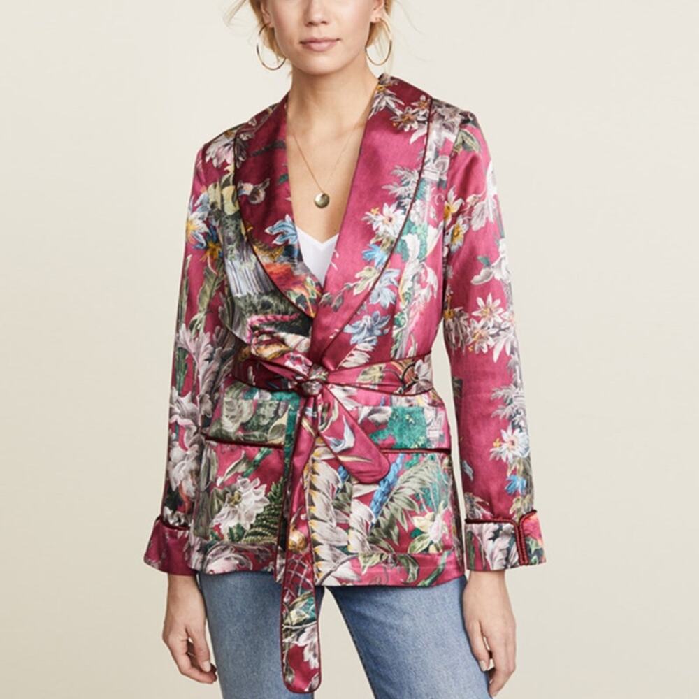 F.R.S For Restless Sleepers Burgundy‎ Tropical Floral Silk Kimono Jacket Size XS